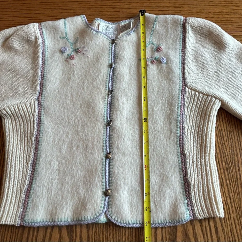 Susan Bristol Wool Cream Cardigan with Floral Accents and Silver Heart Buttons - Picture 11 of 14
